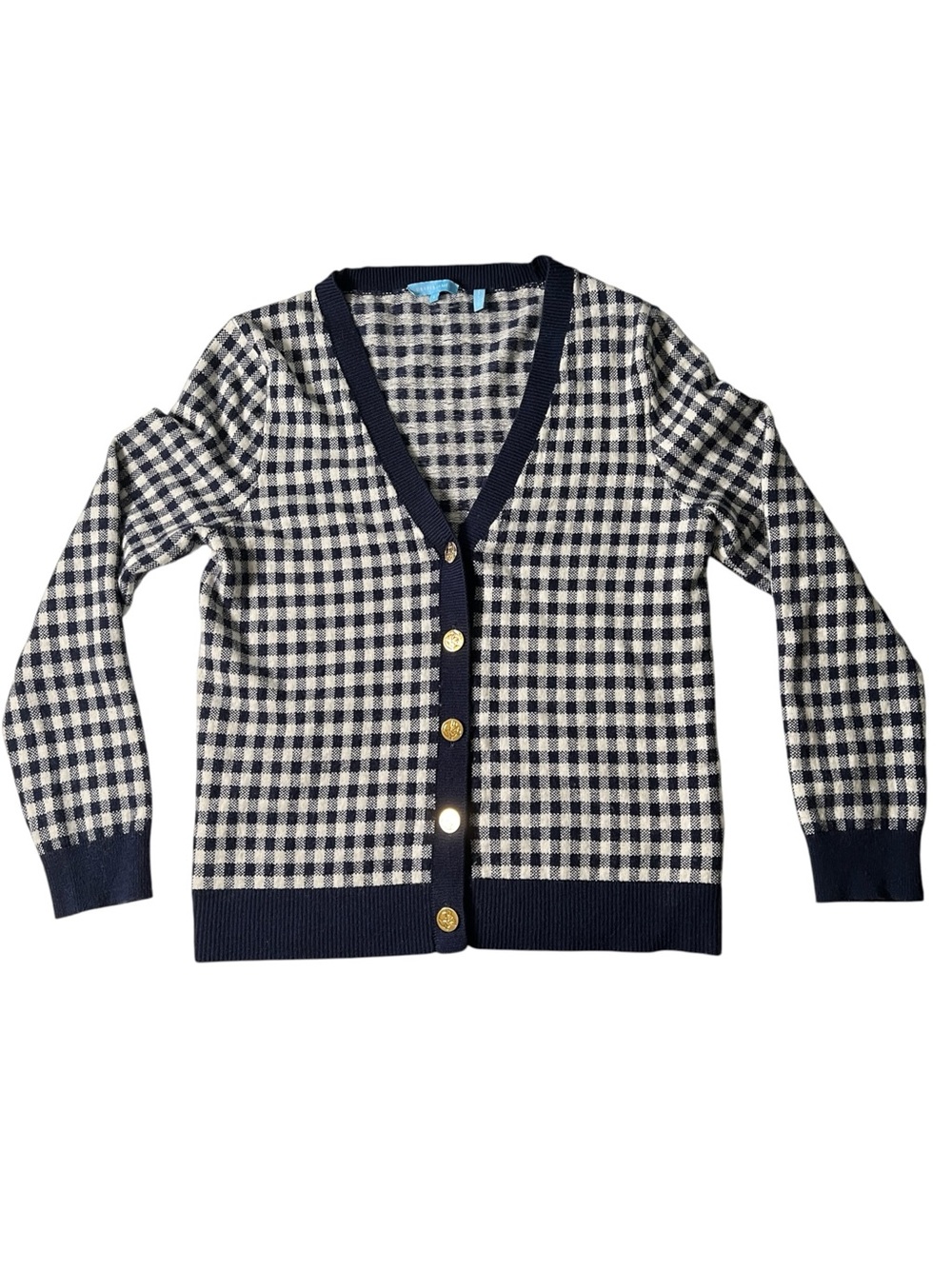 Draper James Navy and white Gingham Cardigan Size Large